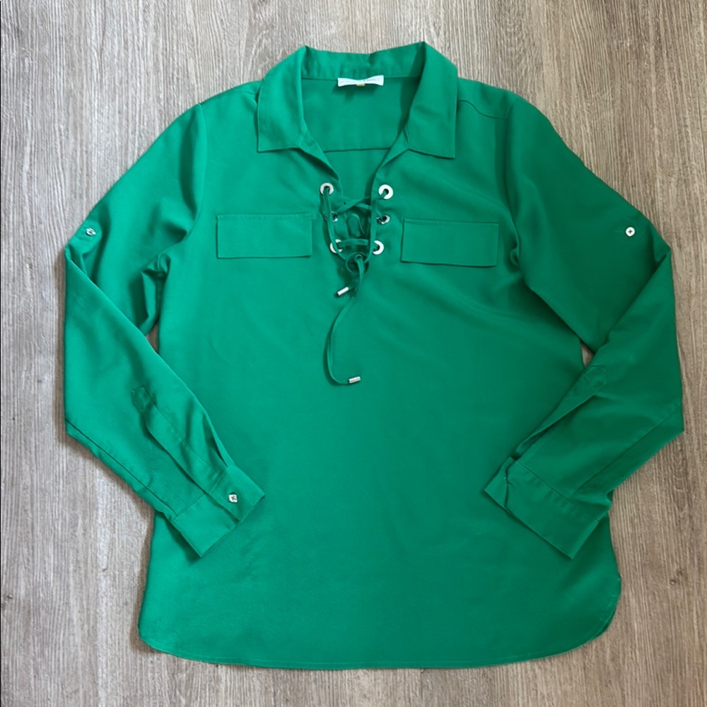 Calvin Klein Kelly  Green Casual Button Down Shirt with Lace-Up Detail